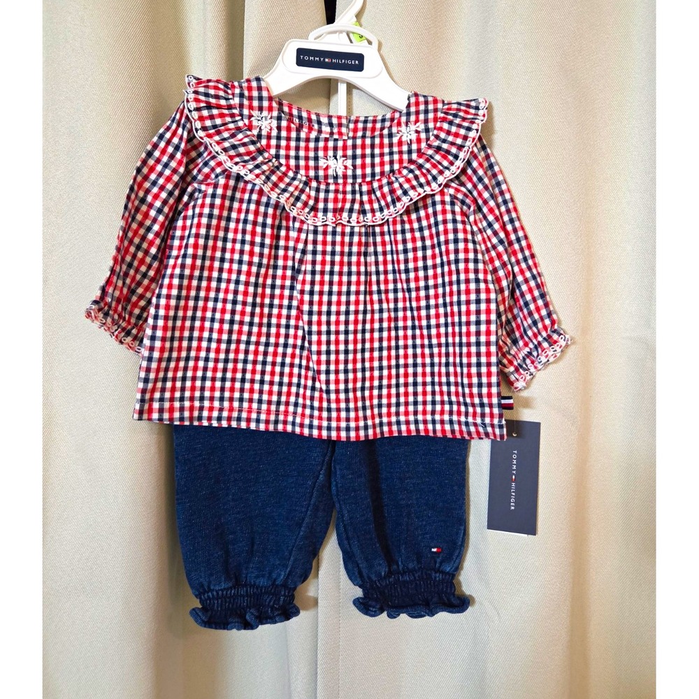 Tommy Hilfiger Girls 2pc Plaid Long Sleeve Blouse & Denim Pants Set 3-6M
